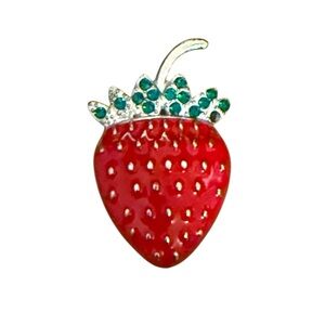Red Strawberry Brooch with Green Rhinestones in Silver Tone